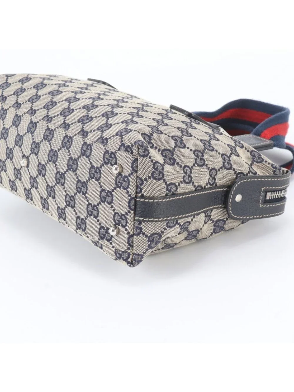 Gucci GG Canvas Sherry Line Leather Tote Shoulder Hand Navy